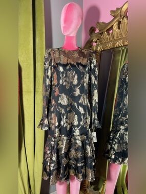 Black Metallic Floral Long-Sleeve Tiered Dress